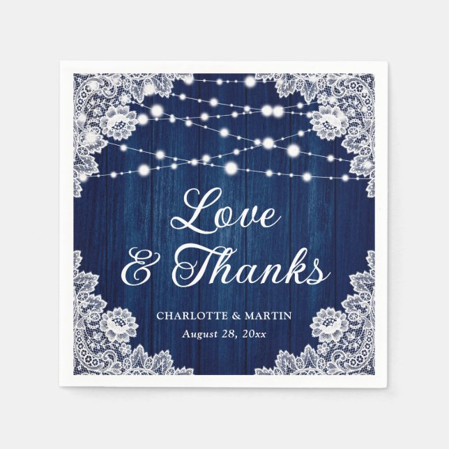 Rustikale Liebe aus Holz und dank Navy Blue Weddin Serviette (Vorderseite)