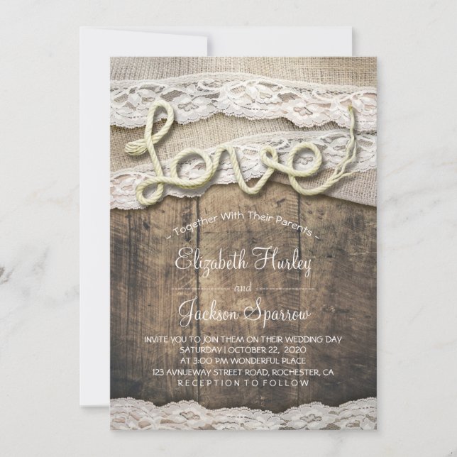 Rustikale Liebe Rope Burlap Lace Barn Hochzeit Einladung (Vorderseite)