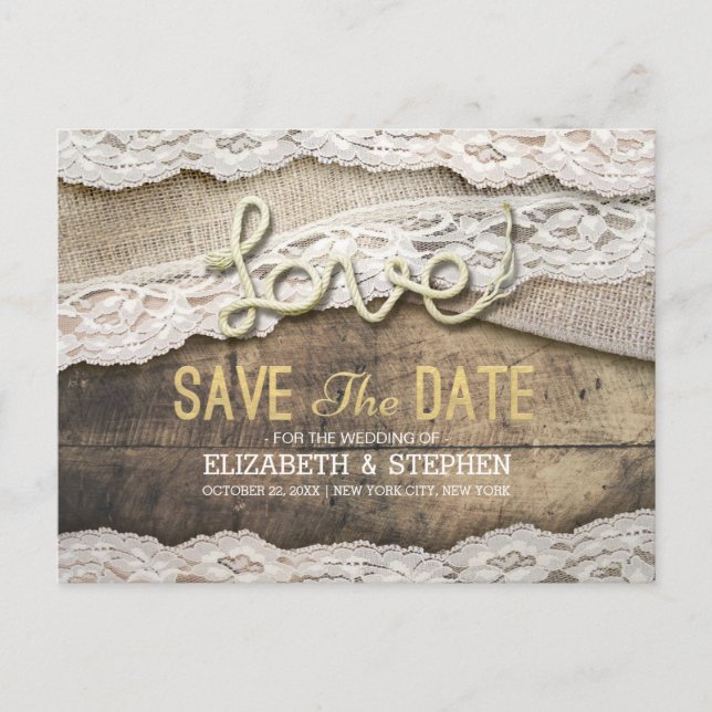 Rustikale Liebe Rope Burlap Lace Wedding retten da Ankündigungspostkarte (Vorderseite)