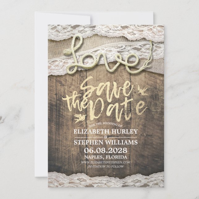Rustikale Liebe Rope Burlap Lace Wedding retten da Save The Date (Vorderseite)