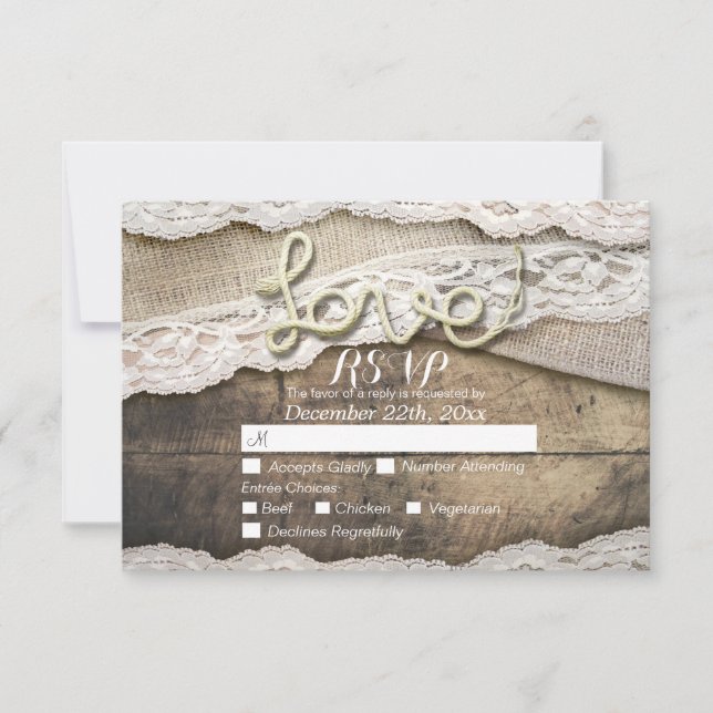 Rustikale Liebe Rope Burlap Lace Wedding RSVP Antw (Vorderseite)