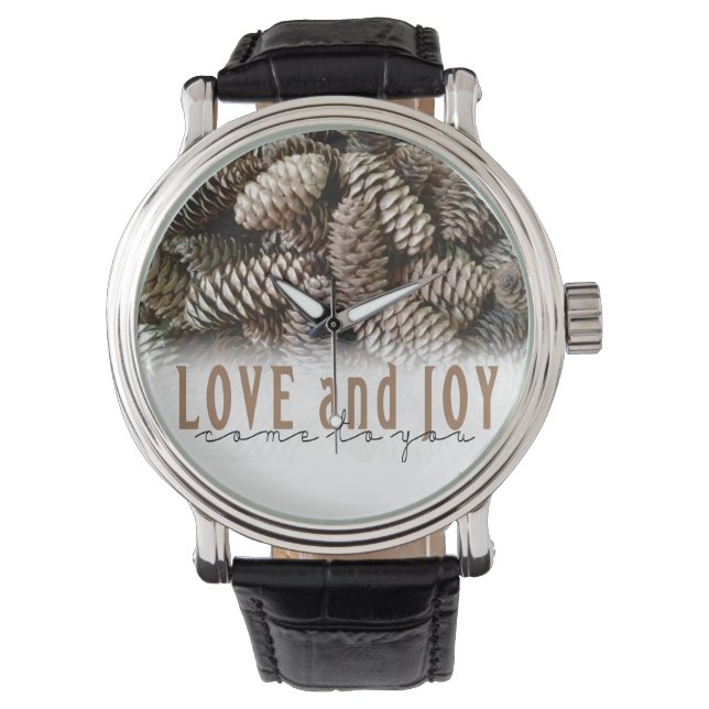 Rustikale Liebe und Joy Pine Cone Armbanduhr (Vorderseite)