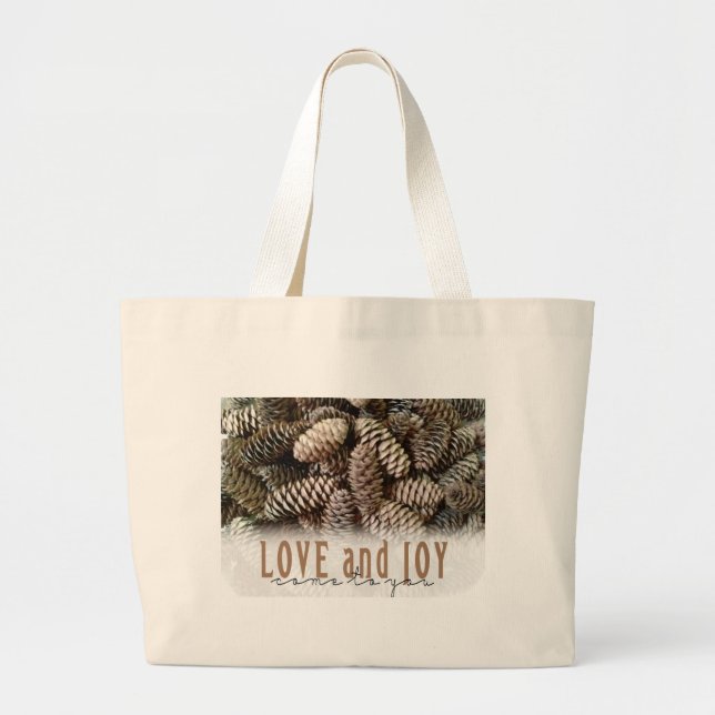 Rustikale Liebe und Joy Pine Cone Jumbo Stoffbeutel (Vorne)