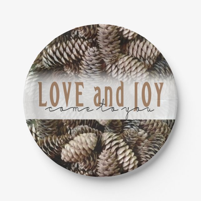 Rustikale Liebe und Joy Pine Cone Pappteller (Vorderseite)