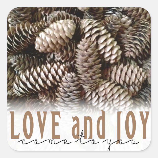 Rustikale Liebe und Joy Pine Cone Quadratischer Aufkleber (Vorderseite)