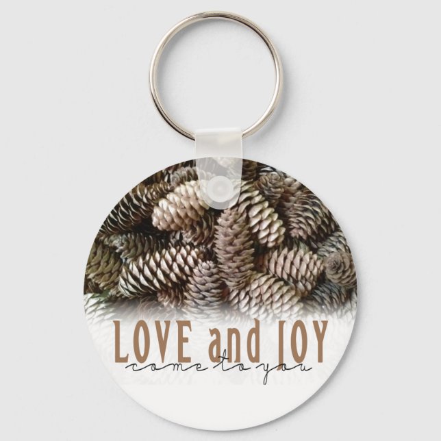Rustikale Liebe und Joy Pine Cone Schlüsselanhänger (Vorderseite)