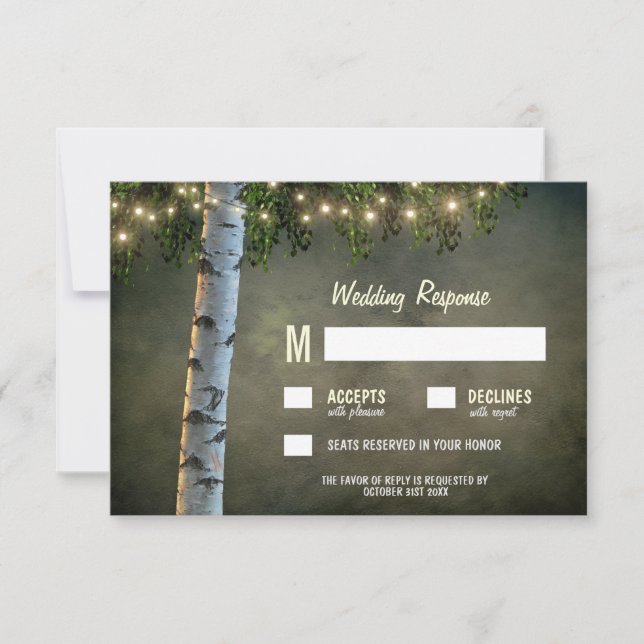 Rustikale Lights Birch Bark Tree Wedding RSVP Card Karte (Vorderseite)