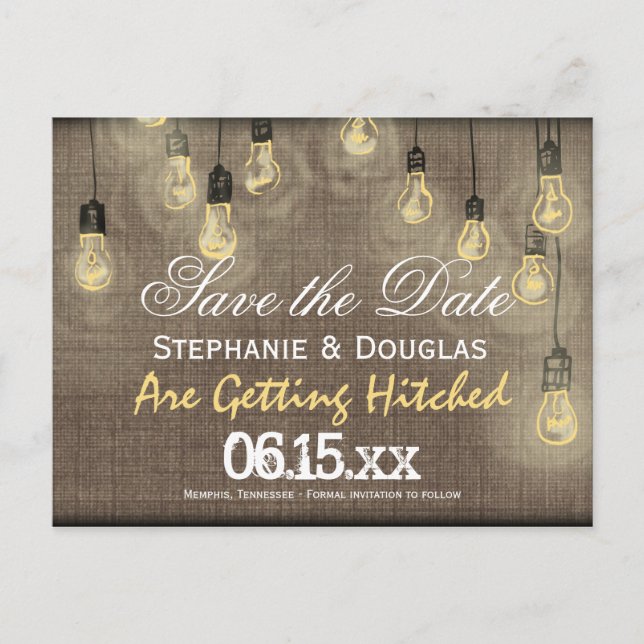 Rustikale Lights Burlap Save the Date Postkarten (Vorderseite)