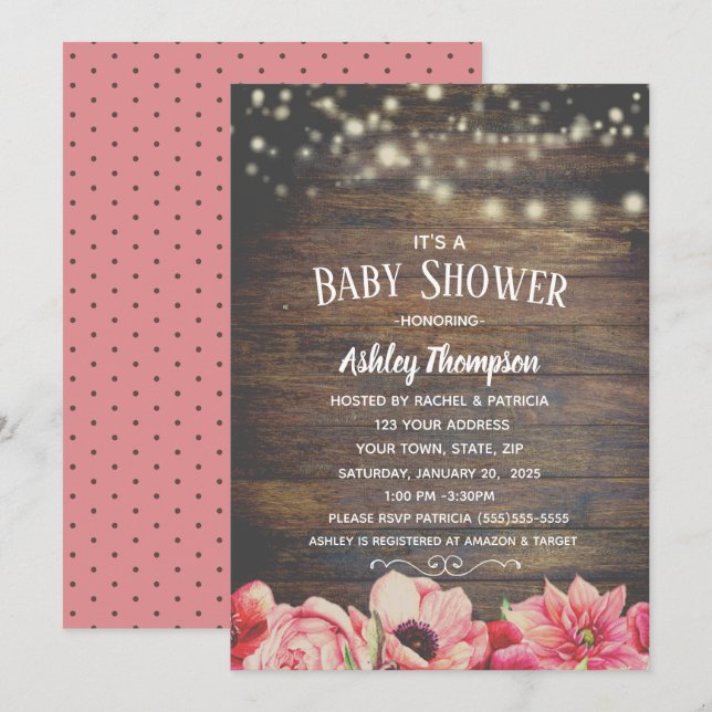 Rustikale Lights Pink und Braun Babydusche Einladung (Vorne/Hinten)