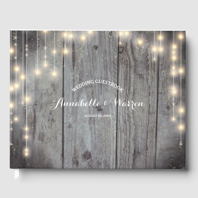 Rustikale Lights Wood Wedding Gästebuch (Vorderseite)