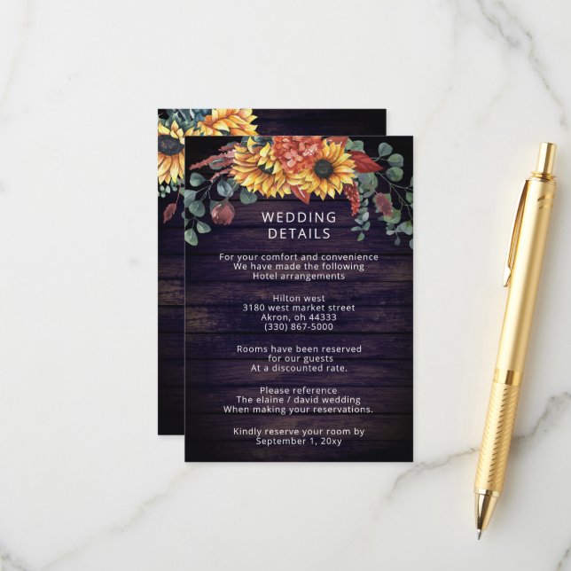 Rustikale Lila Barnholz Land Sonnenblumen Hochzeit Begleitkarte (Vorderseite/Rückseite Beispiel)