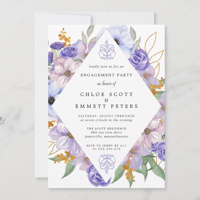 Rustikale Lila Blue Gold Floral Engagement Party Einladung (Vorderseite)