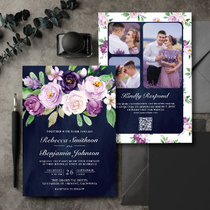 Rustikale lila Blumen Hochzeit mit QR-Code in Navy Einladung