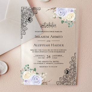 Rustikale lila Blumen-Spitze Muslimische Hochzeit Acryleinladungen
