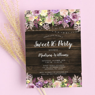 Rustikale Lila Blumenstrauß Sweet 16 Einladung