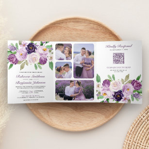 Rustikale Lila Blüten in einem QR-Code Hochzeit Dreifach Gefaltete Einladung