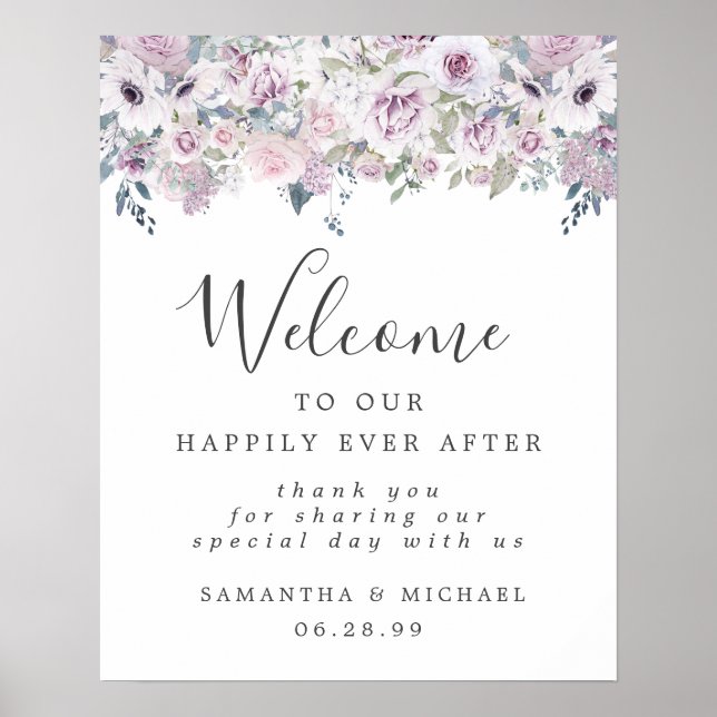 Rustikale Lila Blütenhochzeit Begrüßungszeichen Poster (Vorne)