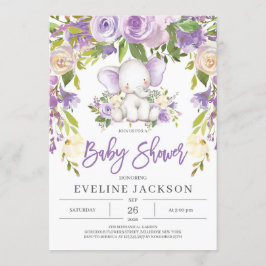Rustikale lila Blütenmädchen Elefantenbaby Dusche Einladung
