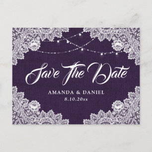 Rustikale Lila Burlap Lace Wedding rettet das Datu Ankündigungspostkarte