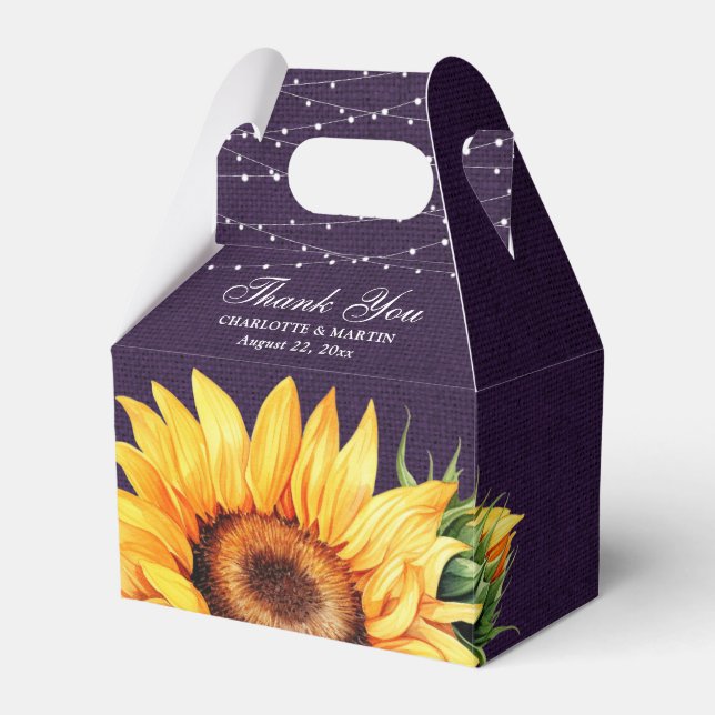 Rustikale Lila Burlap-Sonnenblume-Gastgeschenk Hoc Geschenkschachtel (Vorderseite)