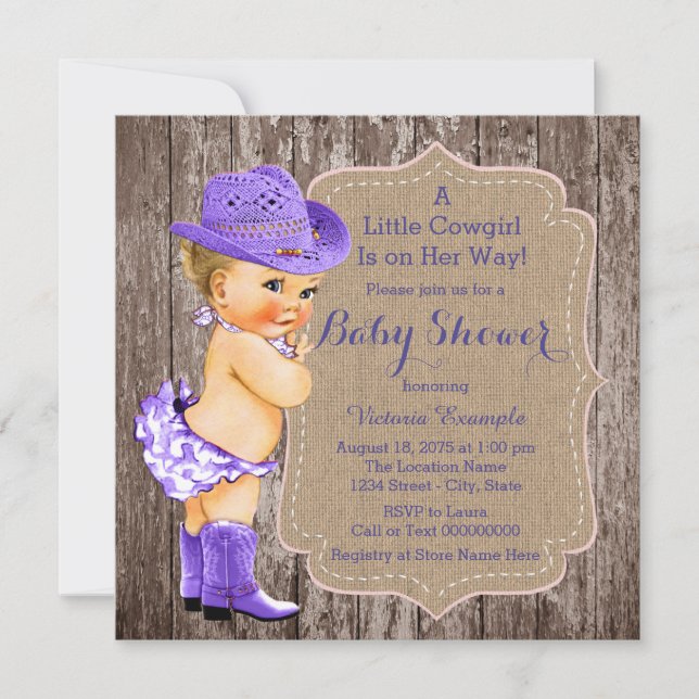 Rustikale Lila Cowgirl Babydusche Einladung (Vorderseite)