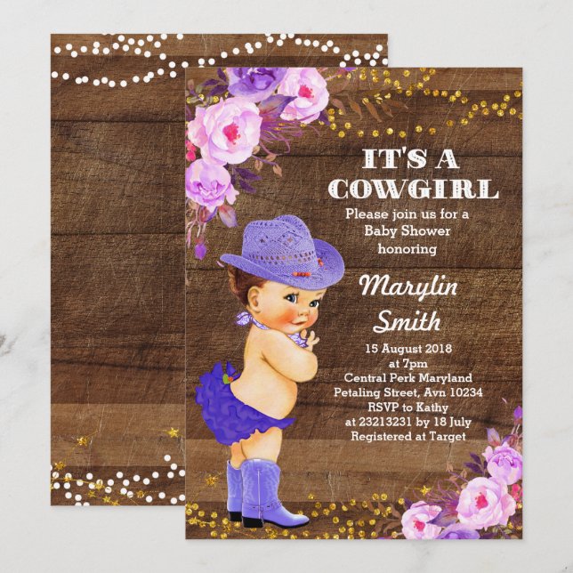 Rustikale Lila Cowgirl Babydusche Lilac Einladung (Vorne/Hinten)