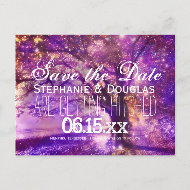Rustikale Lila Eichenbaum Save the Date Postkarten (Vorderseite)