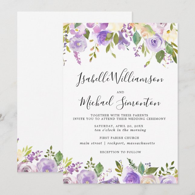 Rustikale Lila florale Botanische Hochzeit Einladu Einladung (Vorne/Hinten)