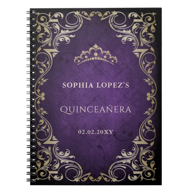 Rustikale Lila Goldprinzessin Tiara Quinceanera Notizblock (Vorderseite)