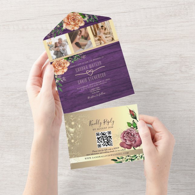 Rustikale Lila Hochzeit All In One Einladung (Abreißen)