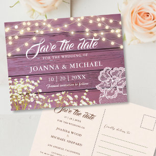 Rustikale, Lila Holzreihenleuchten Save the Date Postkarte
