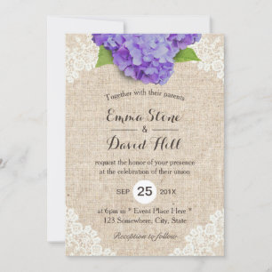 Rustikale Lila Hydrangea-Floral Lace Burlap Weddin Einladung