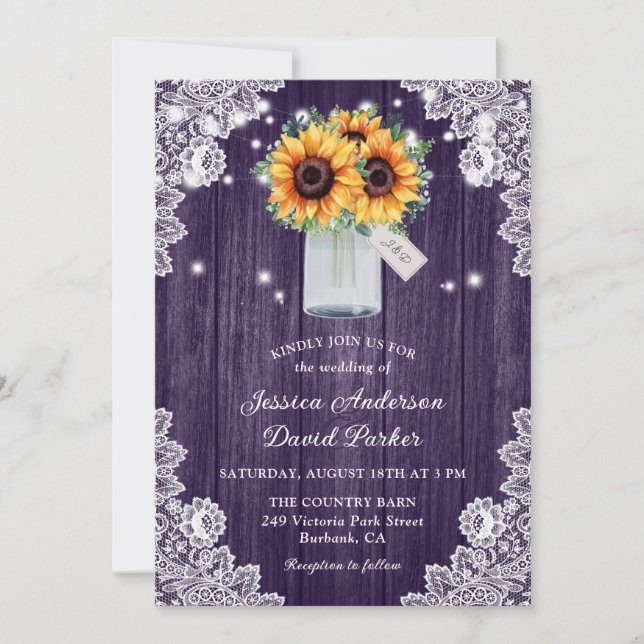 Rustikale Lila Lace Mason Jar Sonnenblume Hochzeit Einladung (Vorderseite)