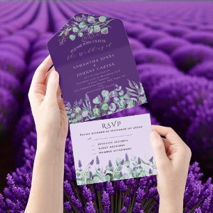 Rustikale lila Lavendel- und Eukalyptus-Hochzeit m All In One Einladung