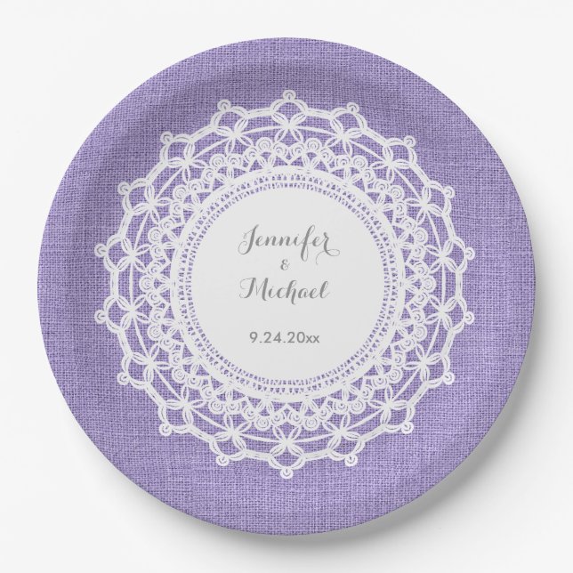Rustikale Lila Leinenschau und weiße Hochzeit Pappteller (Vorderseite)