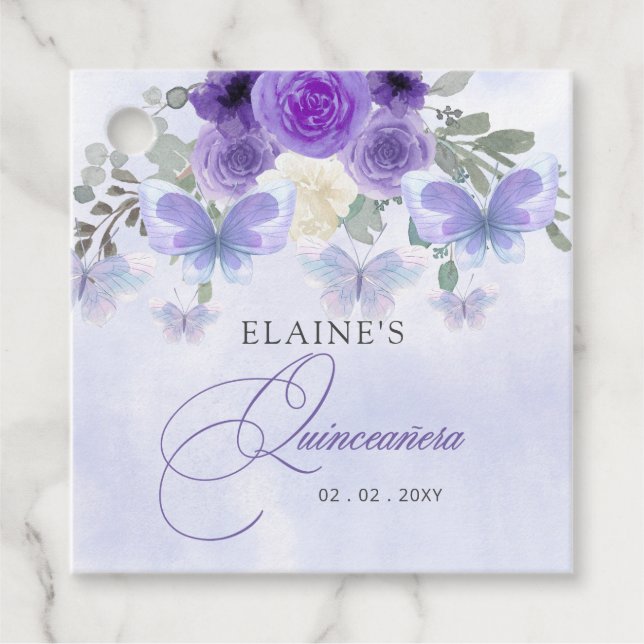 Rustikale Lila Lilac Butterfliegen Quinceanera Geschenkanhänger (Vorderseite)
