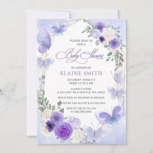 Rustikale Lila Lilac Butterflies Babydusche Einladung (Vorderseite)