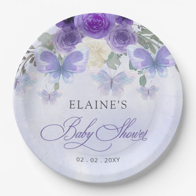 Rustikale Lila Lilac Butterflies Babydusche Pappteller (Vorderseite)