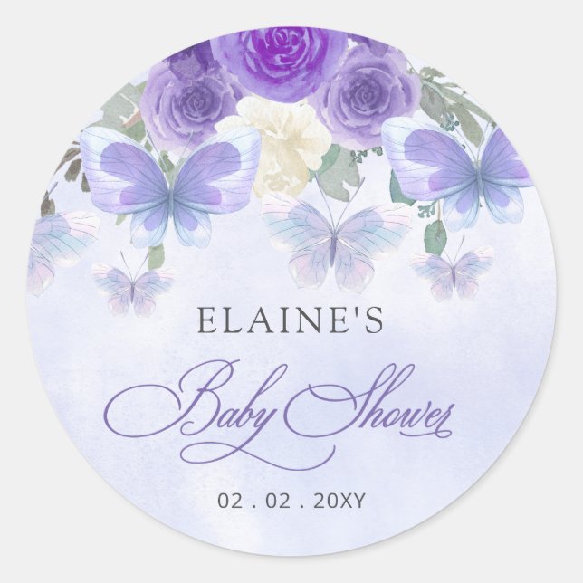 Rustikale Lila Lilac Butterflies Babydusche Runder Aufkleber (Vorderseite)
