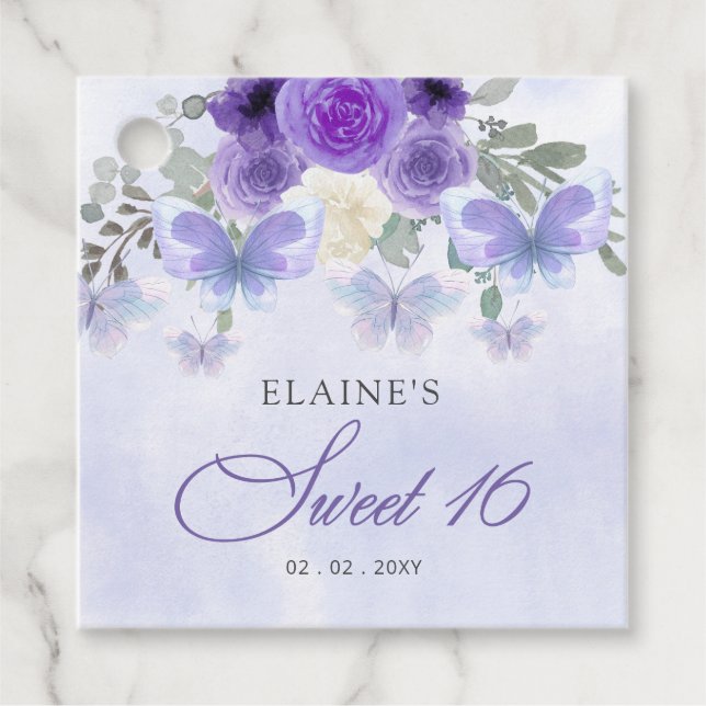 Rustikale Lila Lilac-Schmetterlinge Süß 16 Geschenkanhänger (Vorderseite)