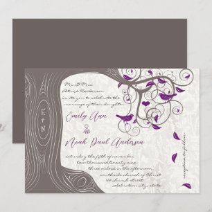 Rustikale Lila Love Bird Romantic Tree Wedding Einladung