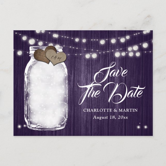 Rustikale Lila Mason Jar Wedding speichern das Dat Ankündigungspostkarte (Vorderseite)