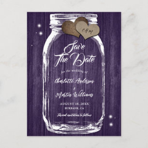 Rustikale Lila Mason Jar Wood Wedding retten das D Ankündigungspostkarte