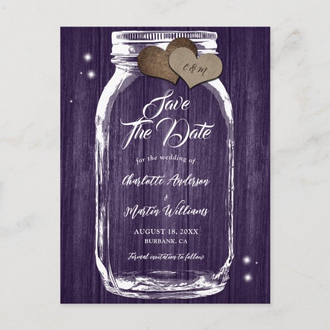 Rustikale Lila Mason Jar Wood Wedding retten das D Ankündigungspostkarte (Vorderseite)