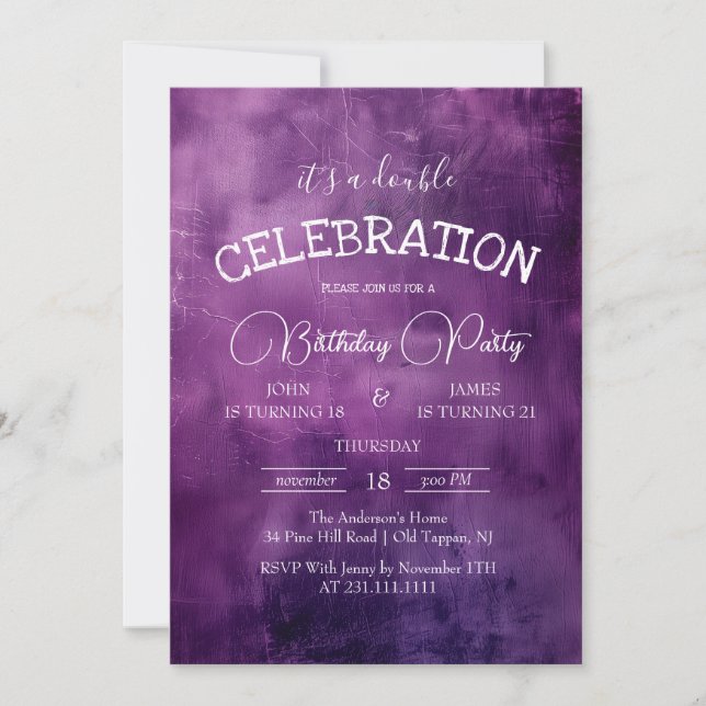 Rustikale Lila Paper Double Birthday Party Einladung (Vorderseite)