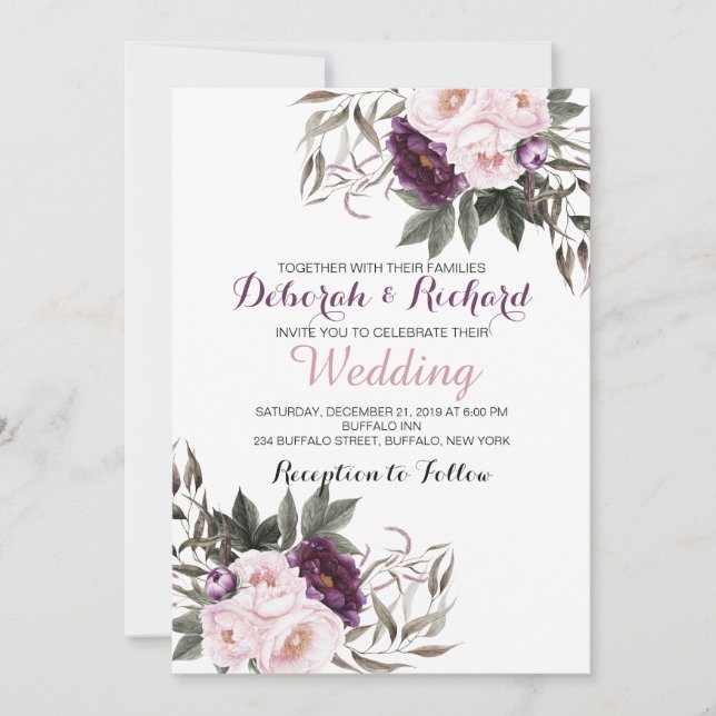 Rustikale Lila Peony Floral Wedding Card Einladung (Vorderseite)