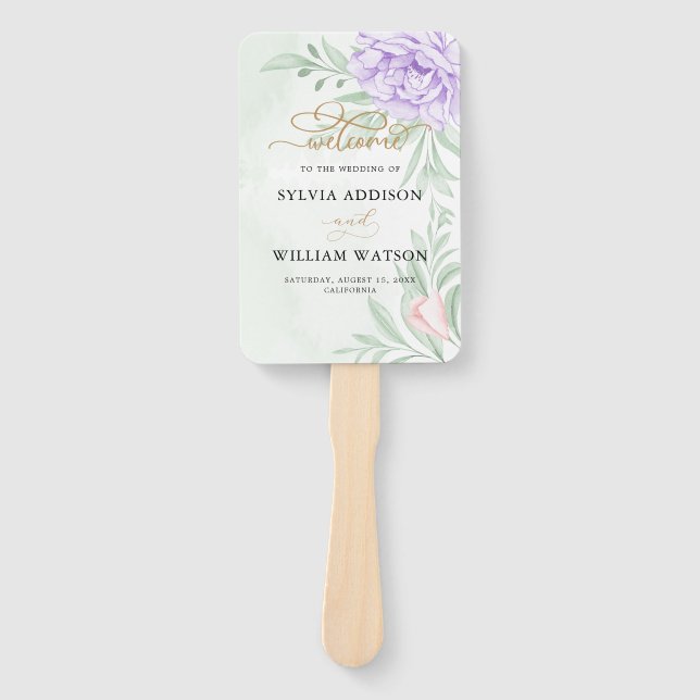 Rustikale Lila Rose Floral Eucalyptus Boho Wedding Fächer (Vorderseite)