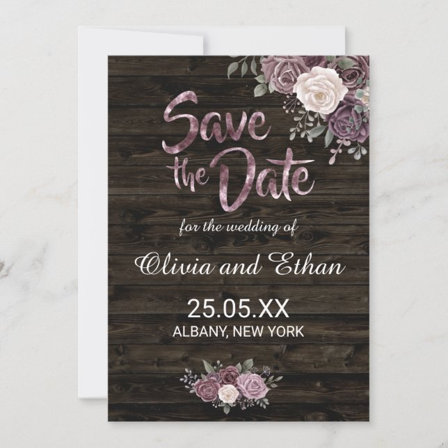 Rustikale Lila Rose mit dunklem Holz Save The Date (Vorderseite)