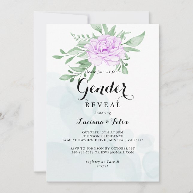 Rustikale Lila Rose Verlasse Grünpflanzen Gender R Einladung (Vorderseite)