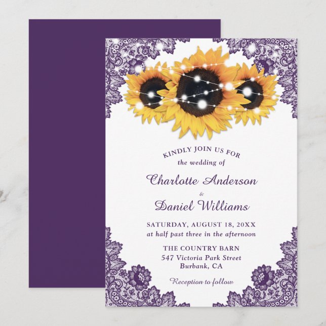 Rustikale Lila Spitzen Sonnenblumen Hochzeit Einladung (Vorne/Hinten)